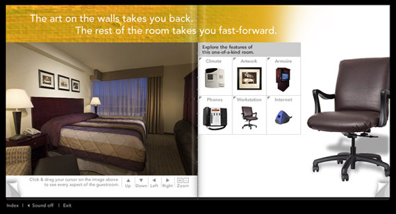 Holiday Inn eBooklet: Quicktime VR is controllable by the user (pan/tilt/zoom) and also integrated with information selection 'buttons' so that when an item is selected, the camera view pans and zooms to highlight the feature; on other pages dynamic infor