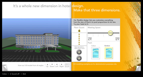 Holiday Inn eBooklet: Interactive Shockwave 3D animation allows the user to modify parameters of the building, and see the changes in real time from any perspective