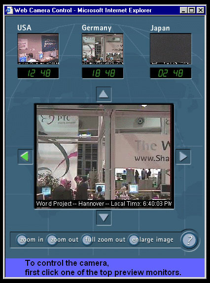 Webcam interface window allowed visitors to the site to control any of three webcams in the US, Europe, and Japan.